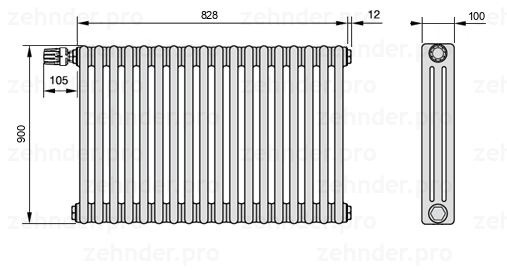Схема (чертеж) Радиатор Zehnder Charleston 3090/18 №V012 Белый глянцевый RAL 9016